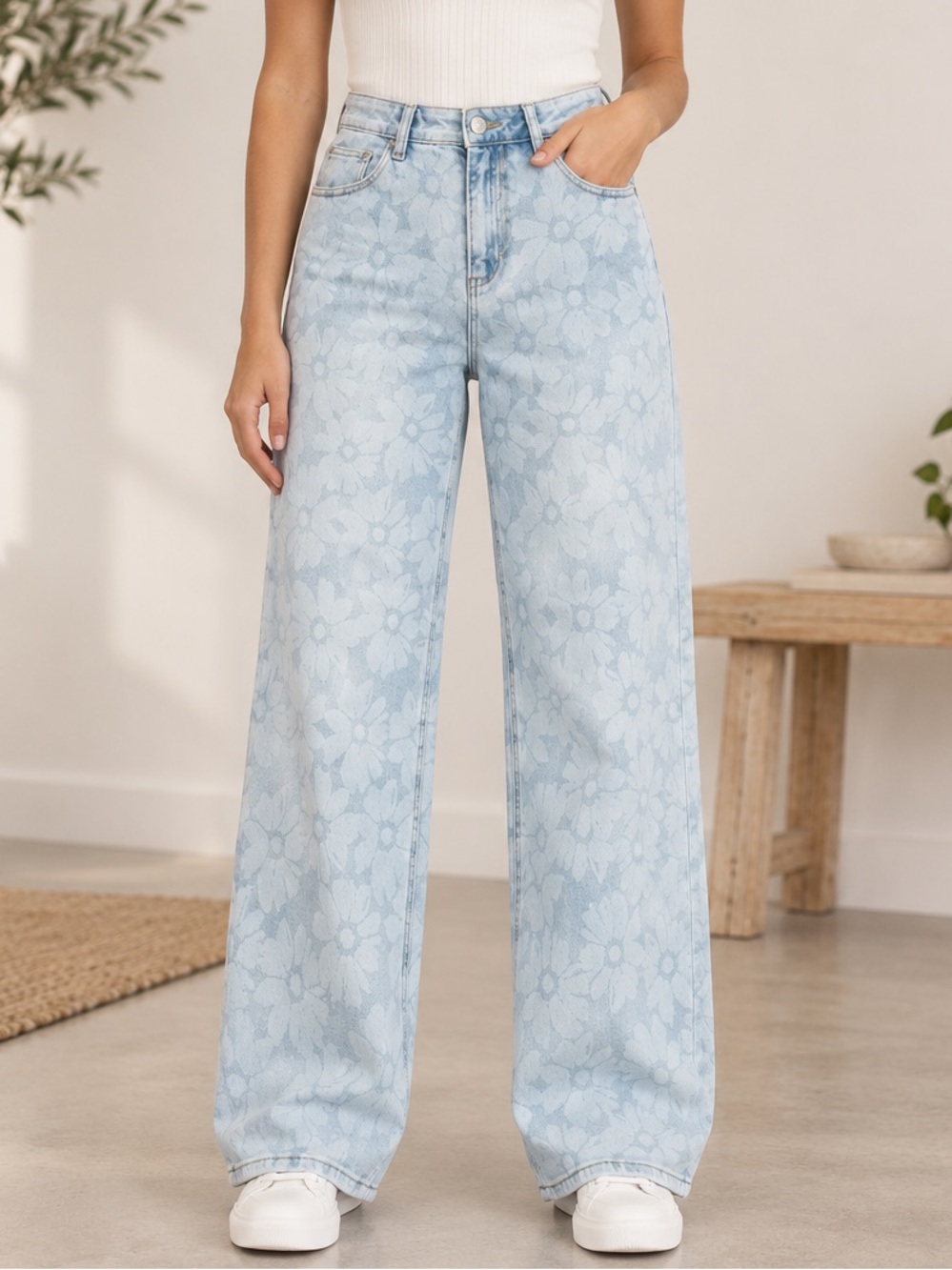 Risen Light Wash Floral Print Wide Leg Jean